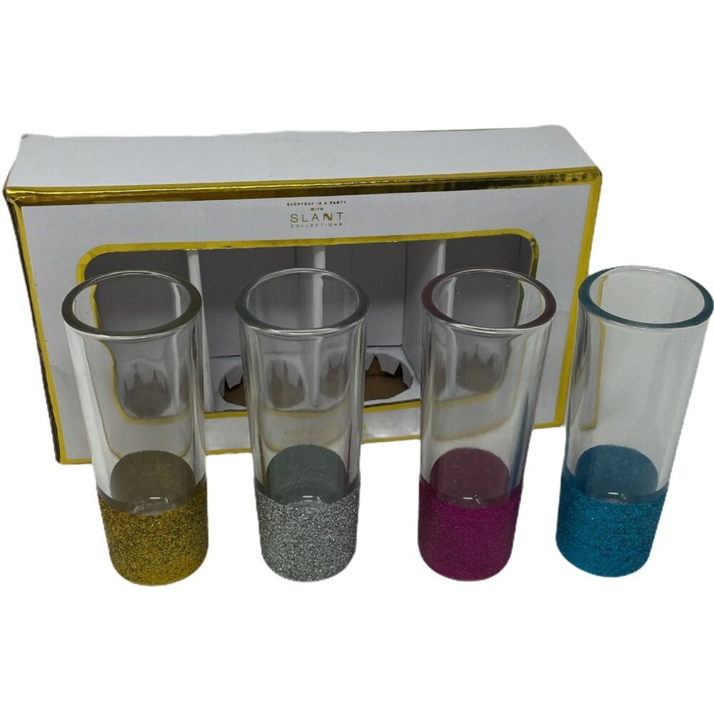 4 Glitter Base Shot Glasses Slant Gold Pink Silver Teal Party New Years Glam 12.